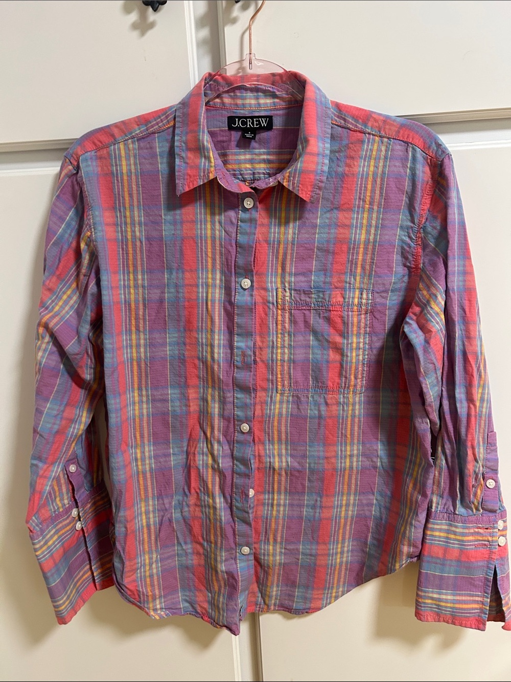 J. Crew Preppy Coral, Lavender & Yellow Plaid Cotton Button-Down Shirt 6